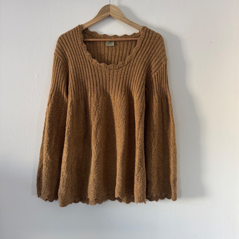 Knit Scalloped Bell Sleeve Sweater Womens Large Fisherman Cottagecore Lagenlook